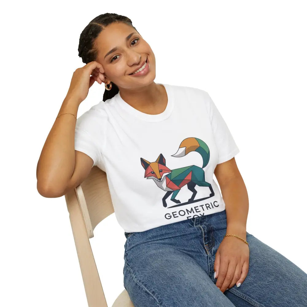 Smiling woman with braided hair wearing a white unisex softstyle t-shirt featuring a unique geometric fox design for Earth Day