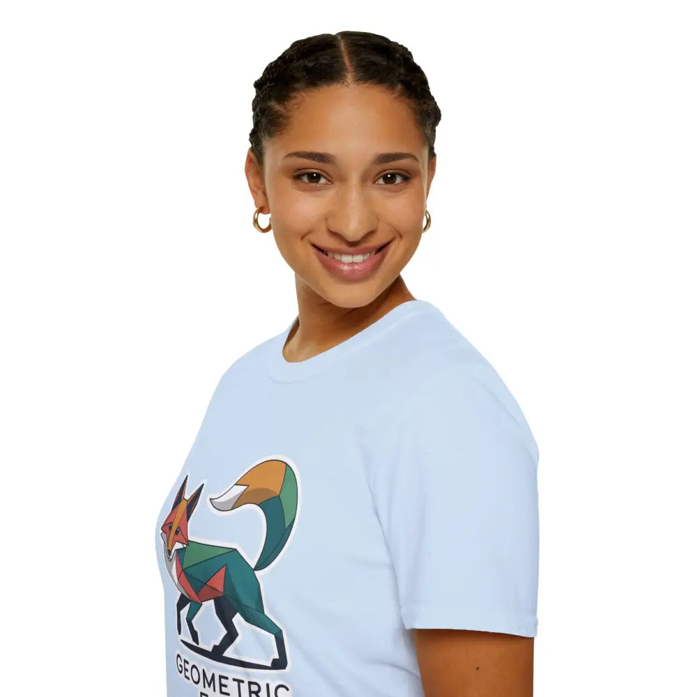 Smiling woman with braided hair wearing a Geometric Fox T-Shirt, perfect for Earth Day and wildlife lovers
