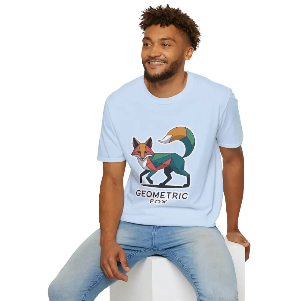 Light blue unisex softstyle t-shirt with a colorful unique geometric fox design for Earth Day