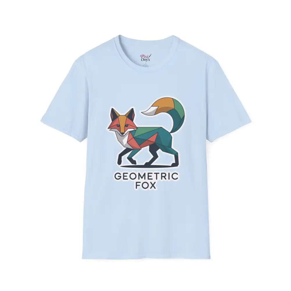 Light blue unisex softstyle t-shirt with a colorful unique geometric fox design for Earth Day