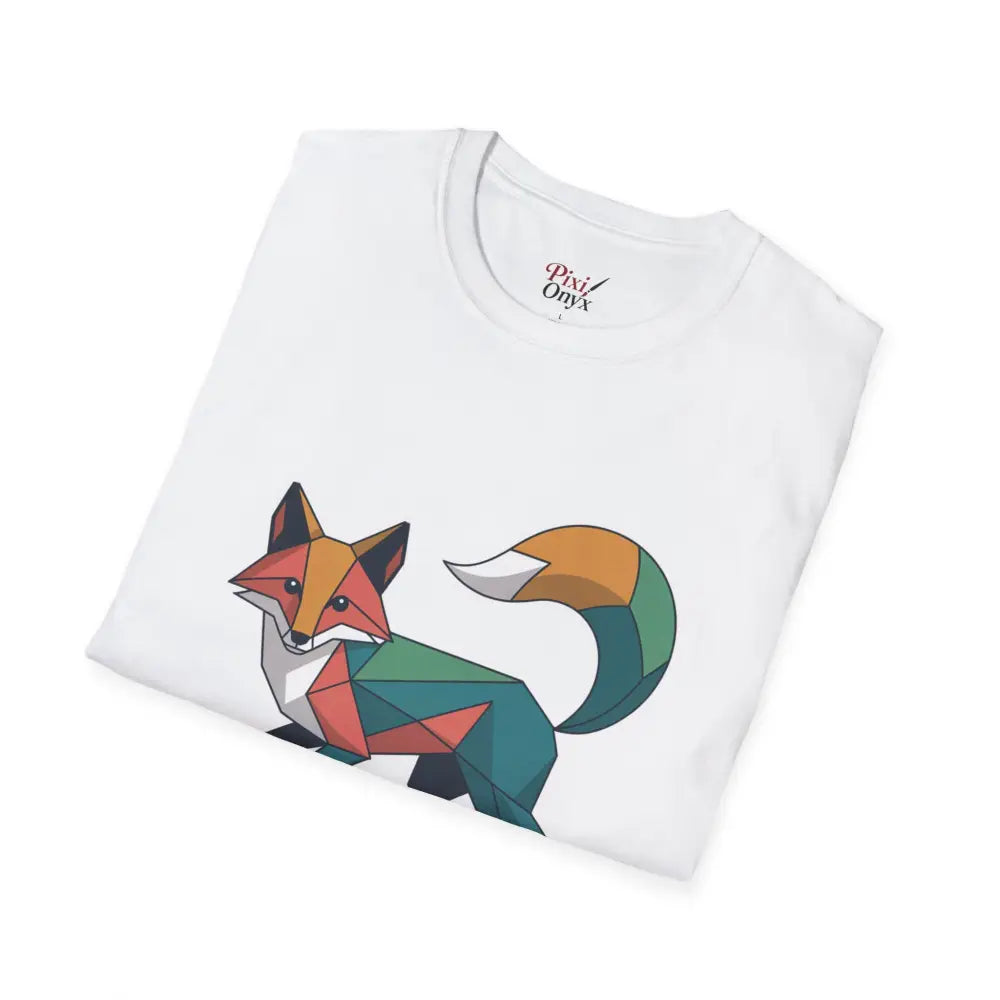 White unisex softstyle t-shirt with a colorful unique geometric fox design for Earth Day