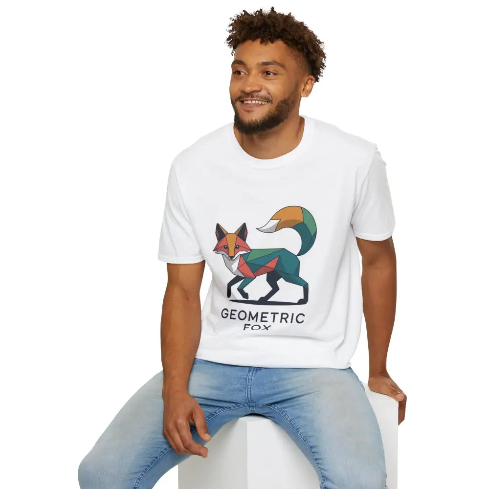 White unisex softstyle t-shirt with a colorful unique geometric fox design for Earth Day