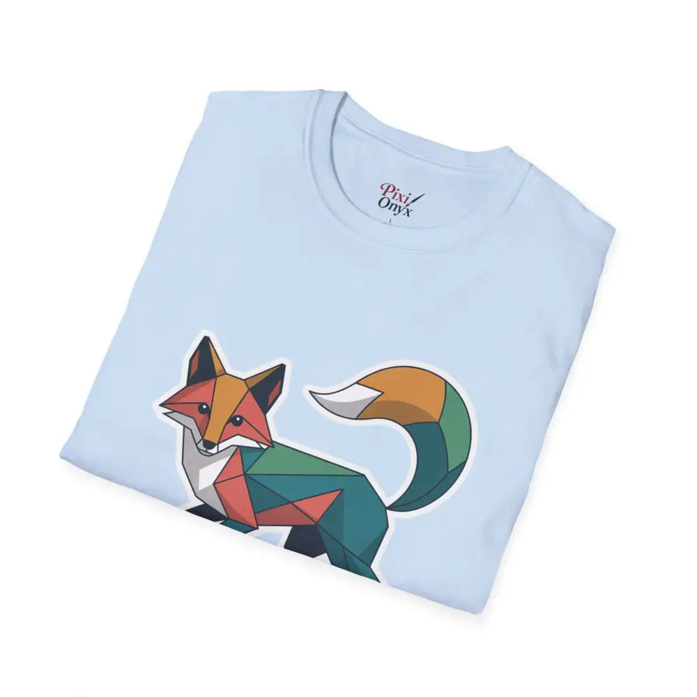Light blue unisex softstyle t-shirt with a colorful unique geometric fox design for Earth Day