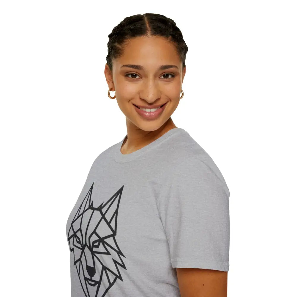 Young woman wearing a geometric wolf design softstyle tee wolf, wolf t shirt, nature apparel