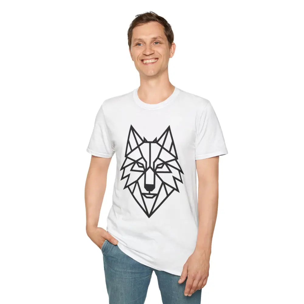 Man wearing a white geometric wolf design softstyle tee wolf for wolf lover fashion
