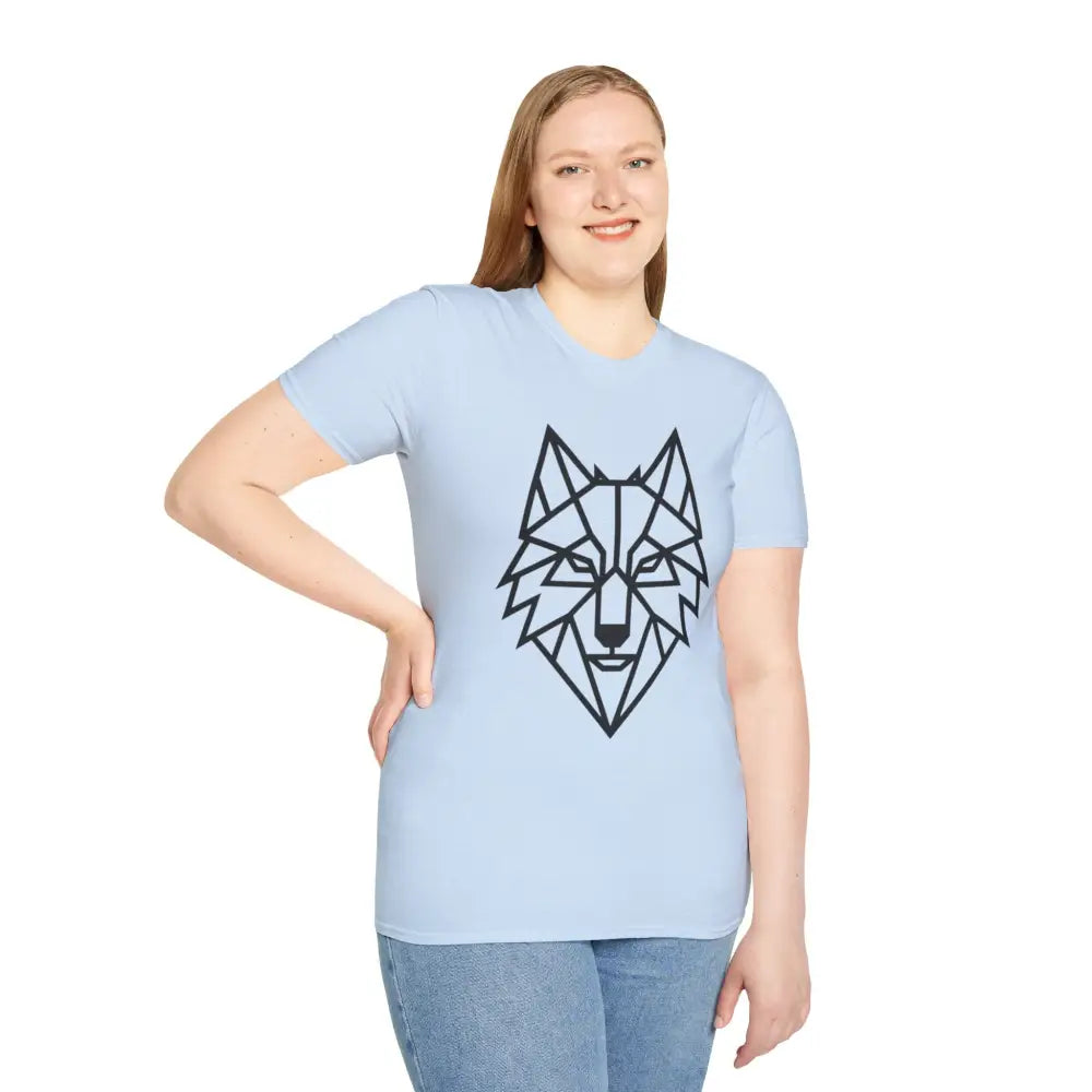 Light blue softstyle tee wolf featuring a black geometric wolf design for animal lovers
