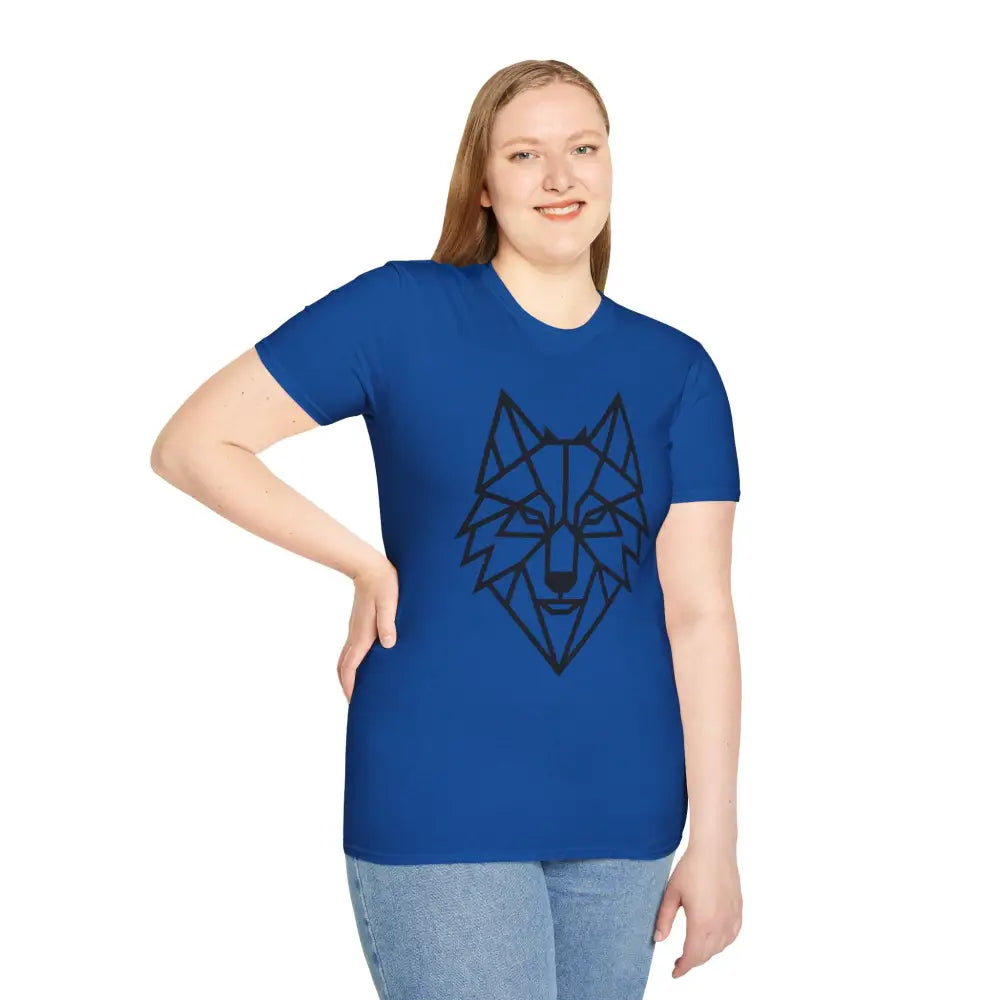 Woman wearing a royal blue geometric wolf t shirt, softstyle tee wolf design