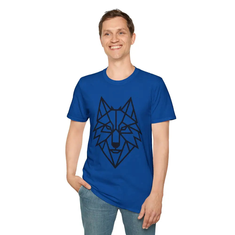 Man wearing royal blue geometric wolf t shirt with black wolf head design, softstyle tee wolf