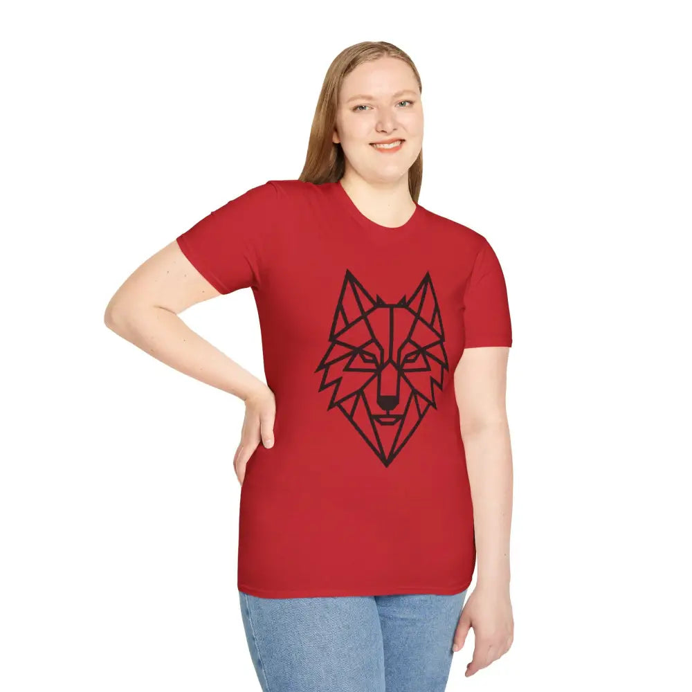 Red T-shirt with black geometric wolf design, softstyle tee wolf for wolf lovers