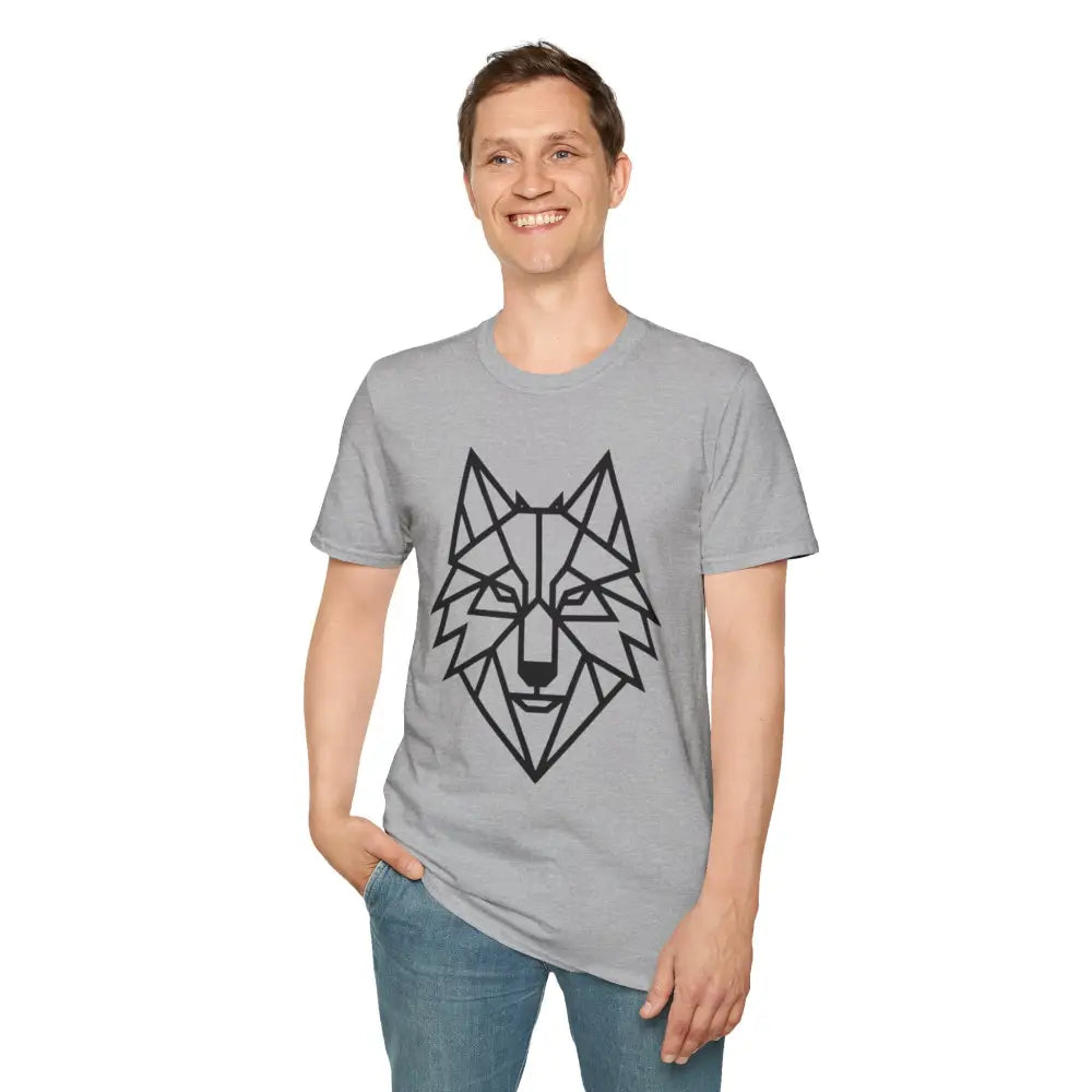Man wearing a grey geometric wolf softstyle tee wolf and blue jeans for wolf lover fashion