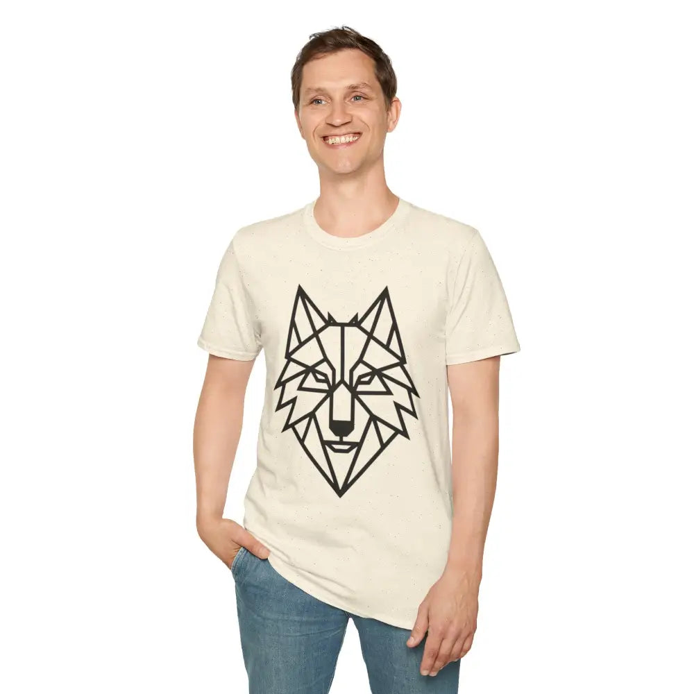 Man wearing a cream-colored geometric wolf t shirt with black wolf head graphic