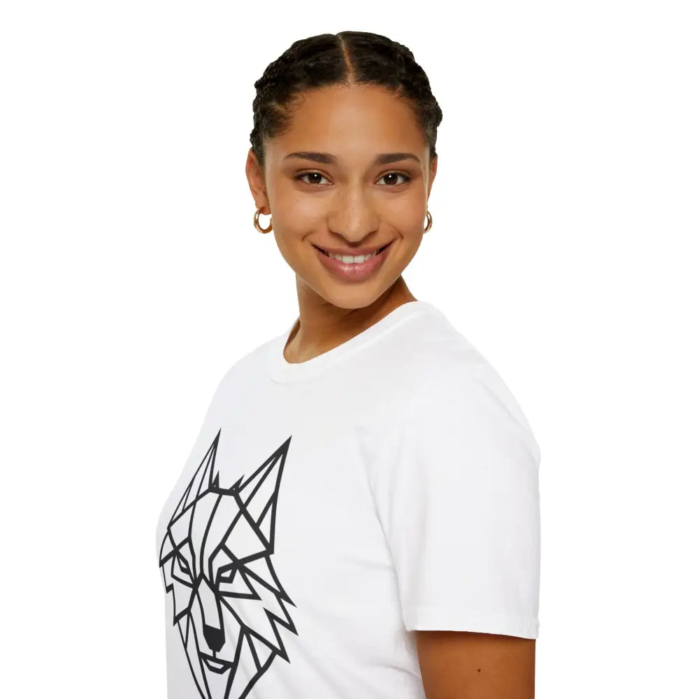 White softstyle tee wolf with geometric wolf design, perfect wolf t shirt for animal lovers