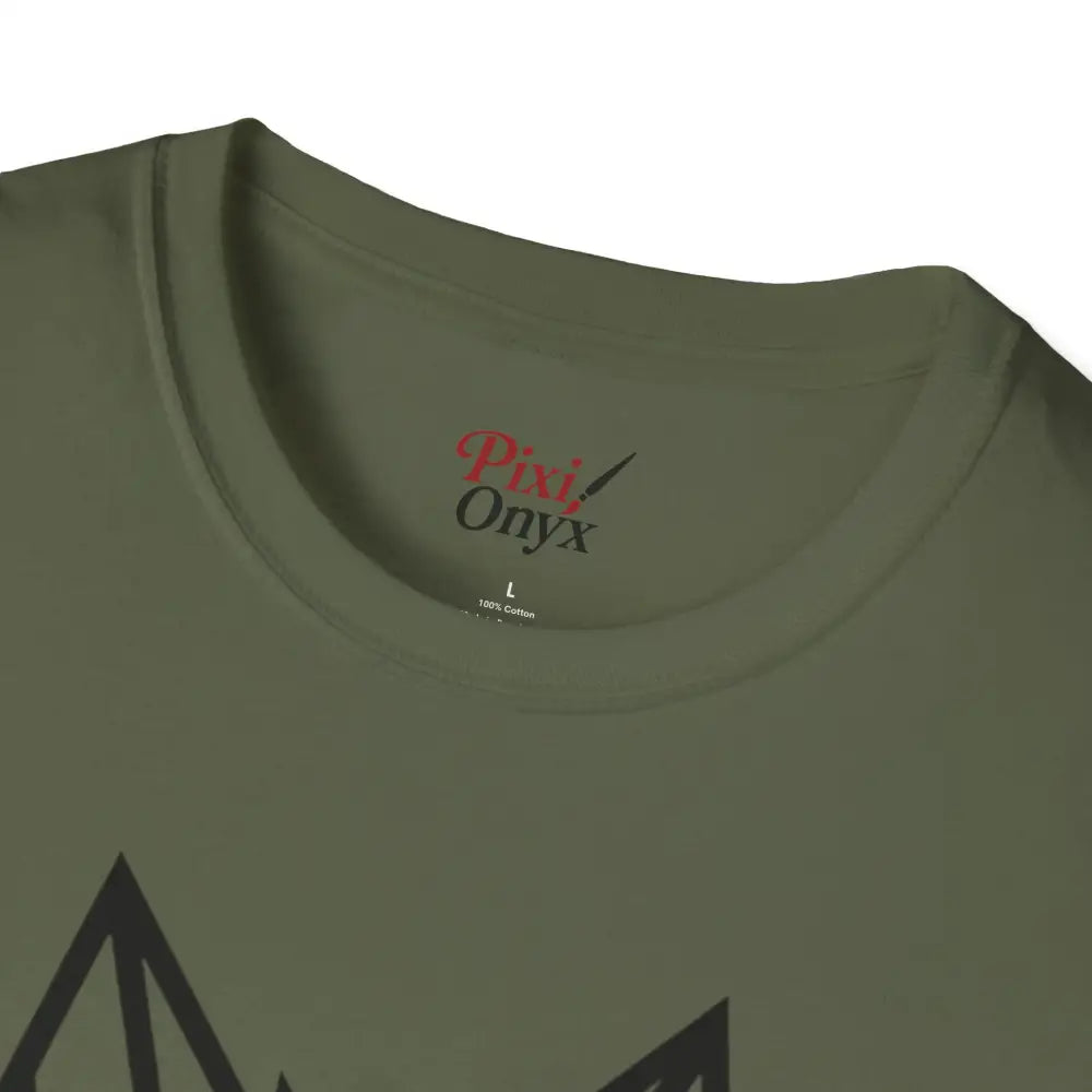 Close-up of a green geometric wolf t shirt with neck label, softstyle tee wolf design