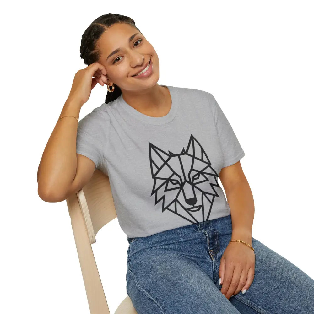 Woman wearing a light gray geometric wolf design softstyle tee wolf and blue jeans