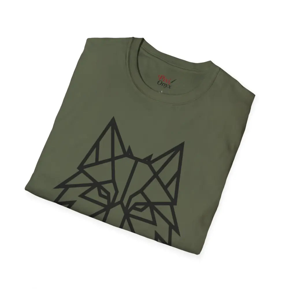 Folded olive green softstyle tee wolf with black geometric wolf design, perfect for wolf lovers