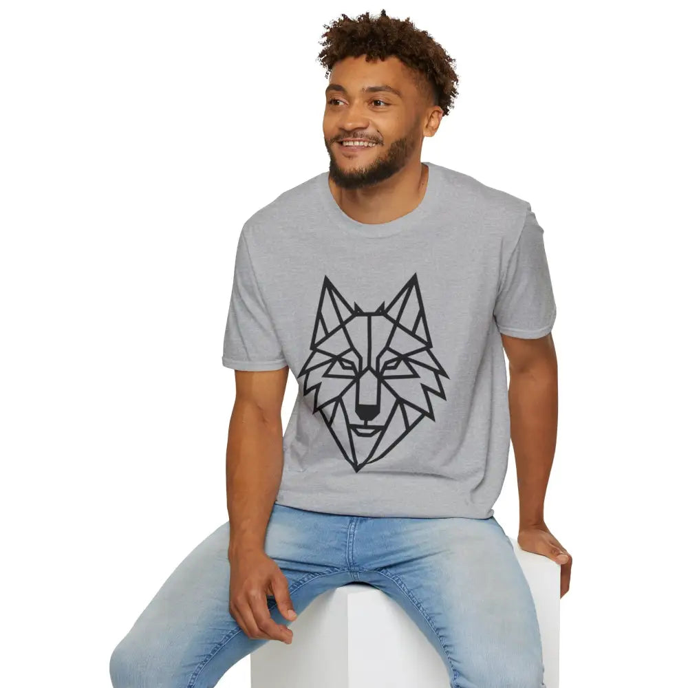 Light gray geometric wolf t shirt with black wolf head graphic, softstyle tee wolf fashion