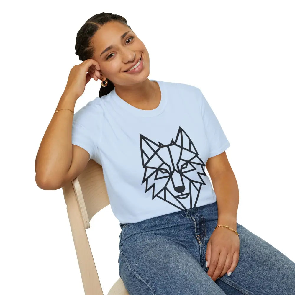 Light blue geometric wolf design on softstyle tee wolf, unisex wolf t shirt for animal lovers