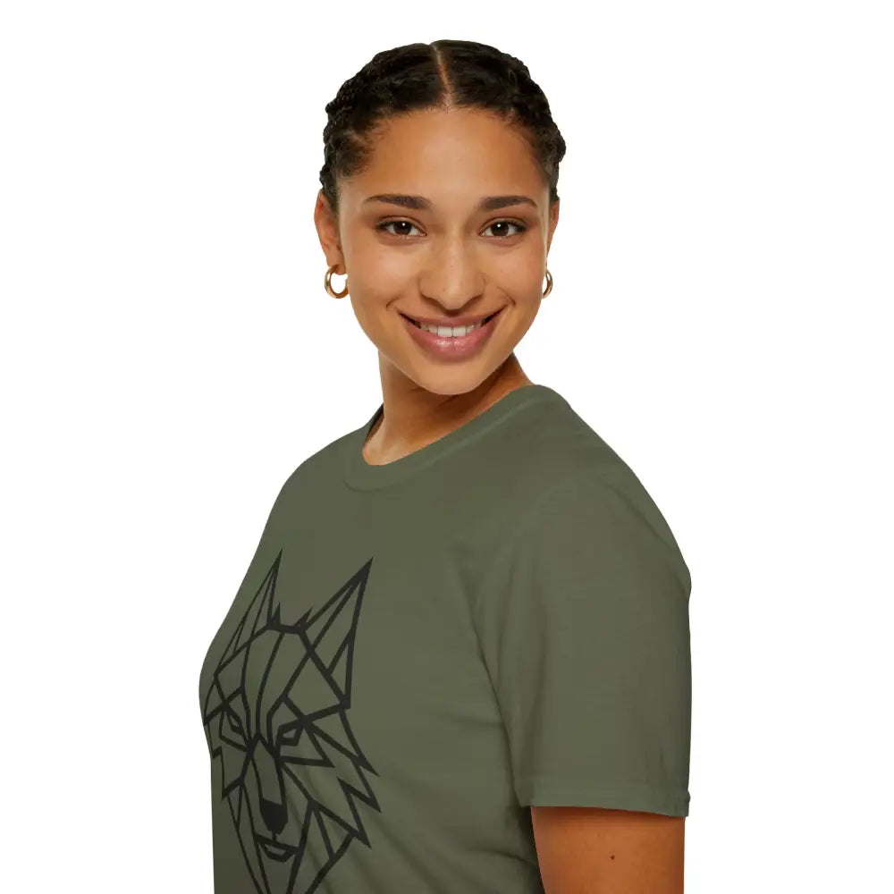 Woman wearing an olive green geometric wolf softstyle tee wolf t shirt for animal lovers