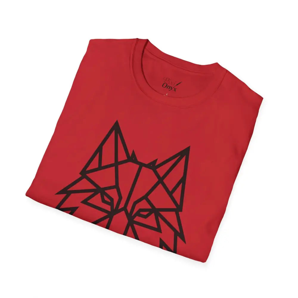 Red T-shirt with black geometric wolf design, softstyle tee wolf, wolf t shirt, animal lover fashion