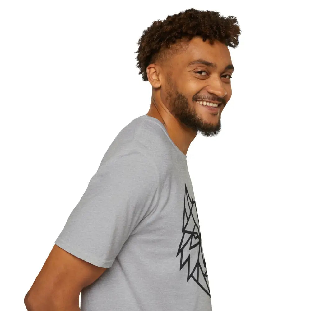 Light gray softstyle tee wolf with black geometric wolf design, perfect wolf t shirt for animal lovers