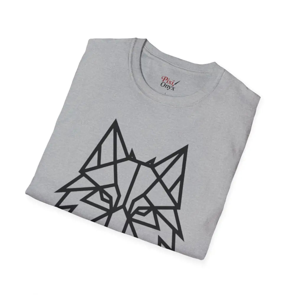 Light grey softstyle tee wolf with black geometric wolf design, perfect for wolf lovers