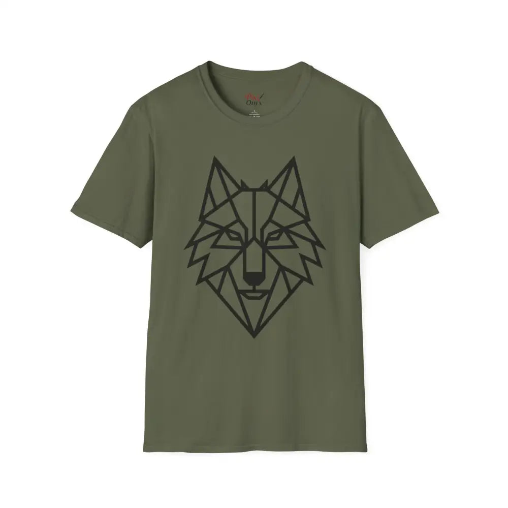 Olive green softstyle tee wolf with black geometric wolf head design for animal lovers