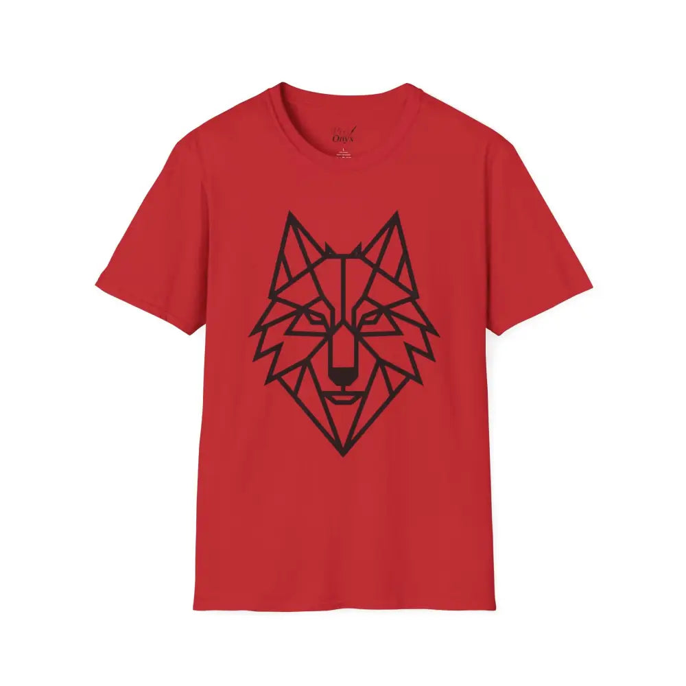 Red short-sleeved geometric wolf T-shirt featuring a black wolf design, softstyle tee wolf gift