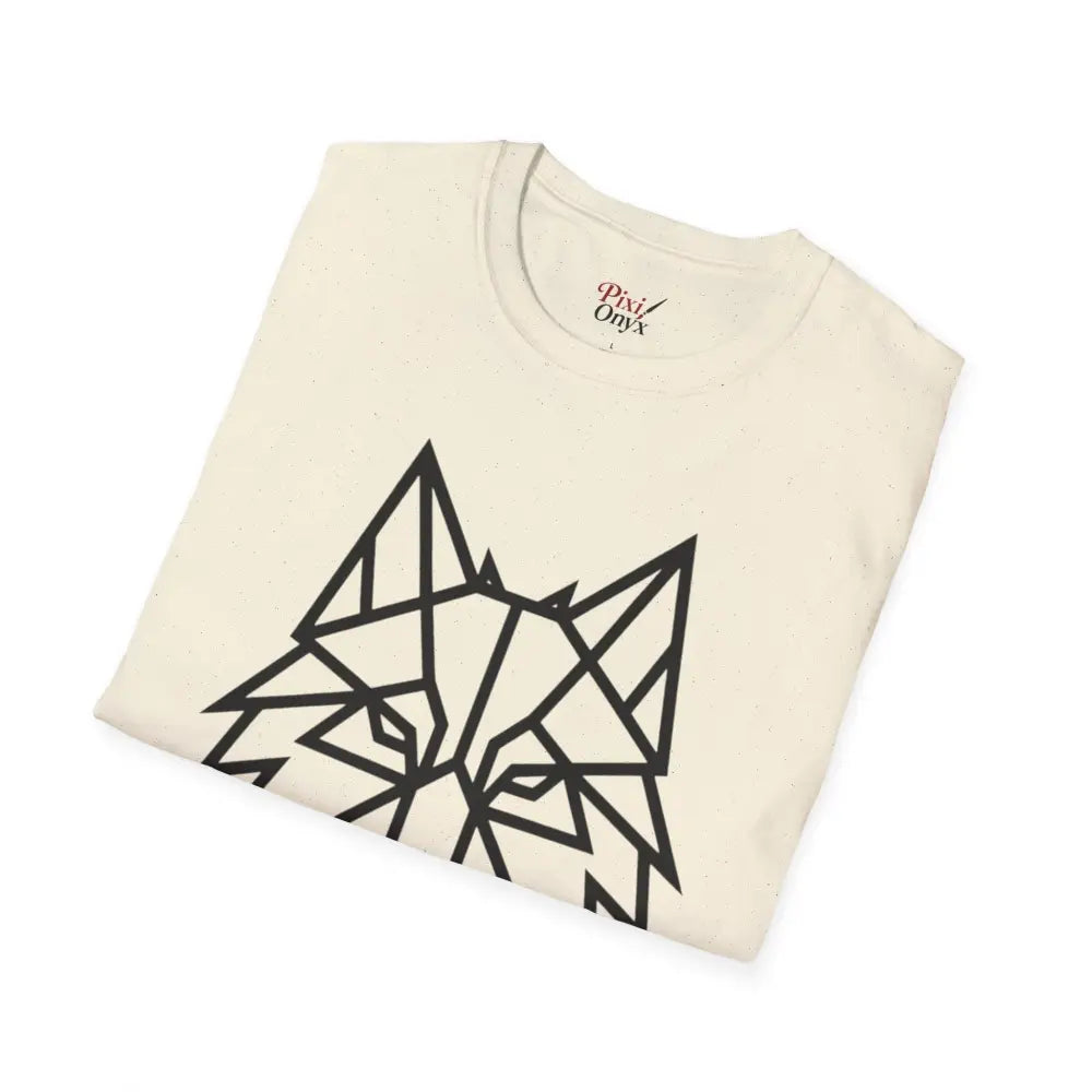 Cream-colored T-shirt with black geometric wolf design, softstyle tee wolf for animal lovers