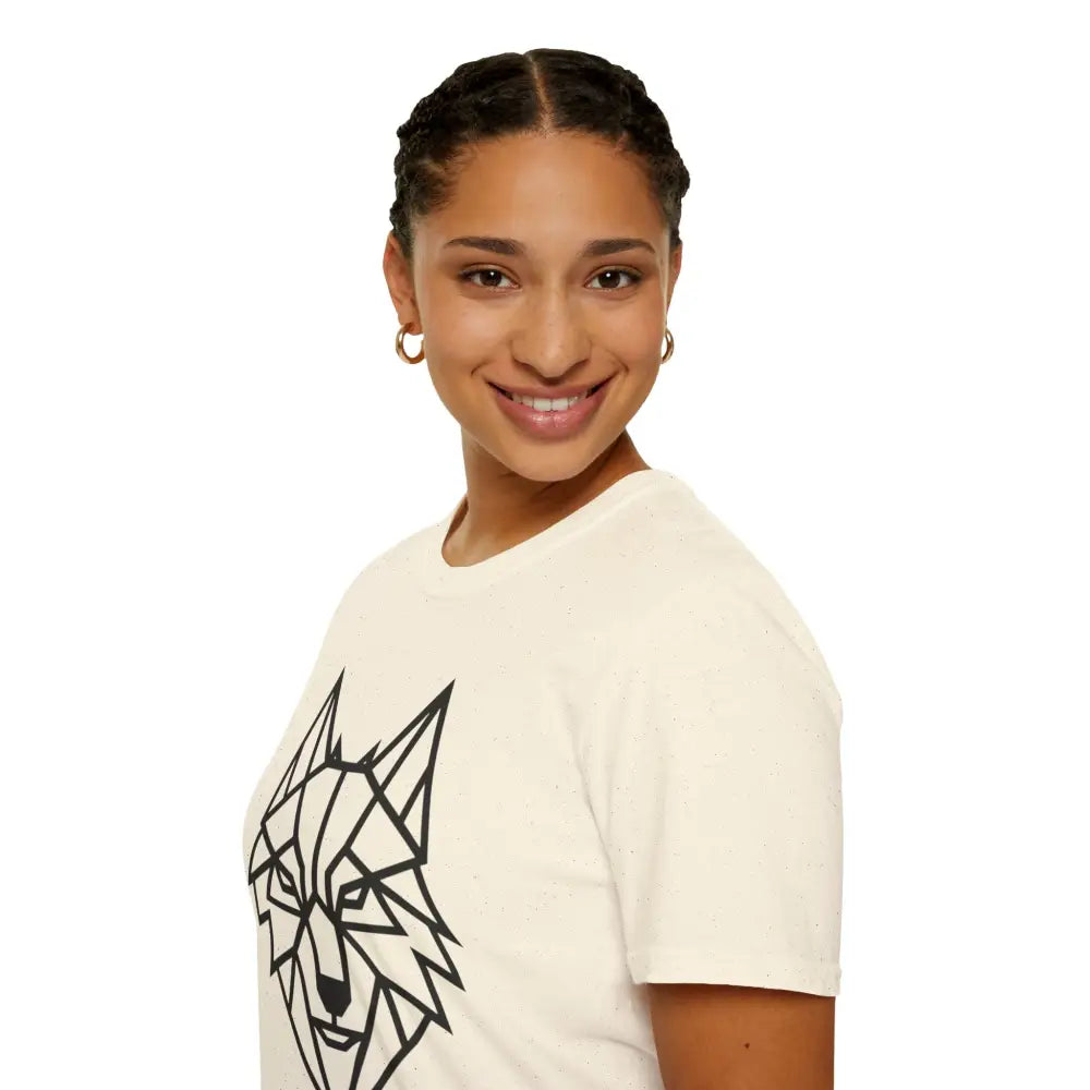 Woman wearing a cream-colored geometric wolf softstyle tee wolf for animal lover fashion