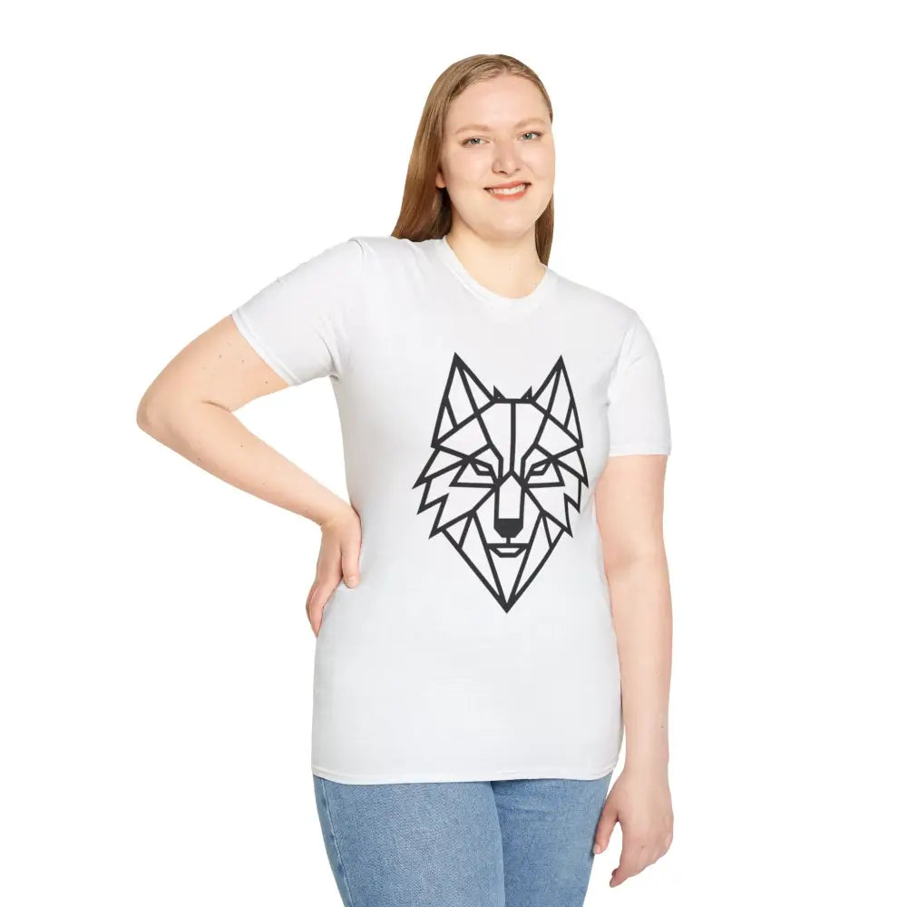 White softstyle tee wolf with geometric wolf head design, perfect for wolf lovers