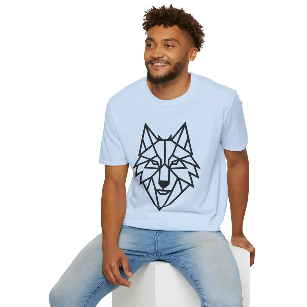 Light blue softstyle tee wolf with geometric wolf face graphic, perfect wolf t shirt