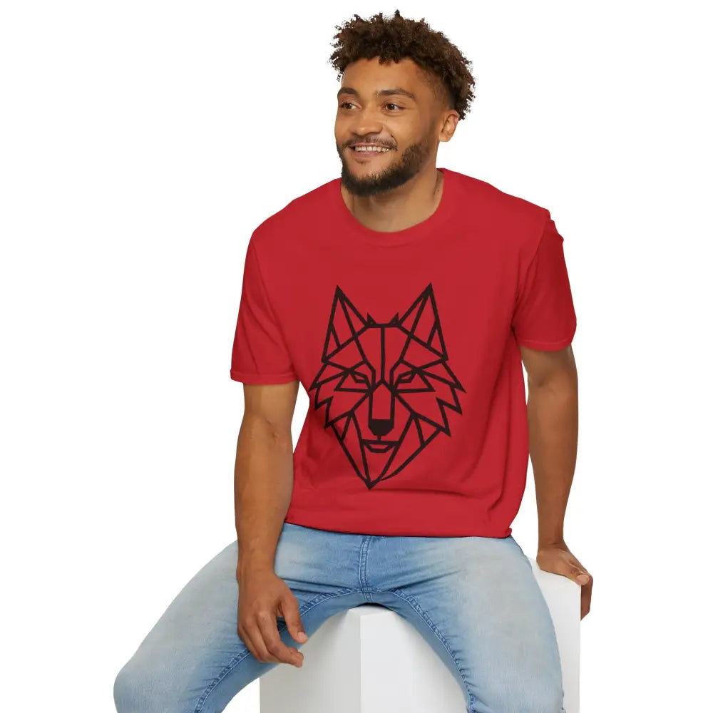 Red short-sleeve crewneck wolf t shirt with black geometric wolf graphic, softstyle tee wolf