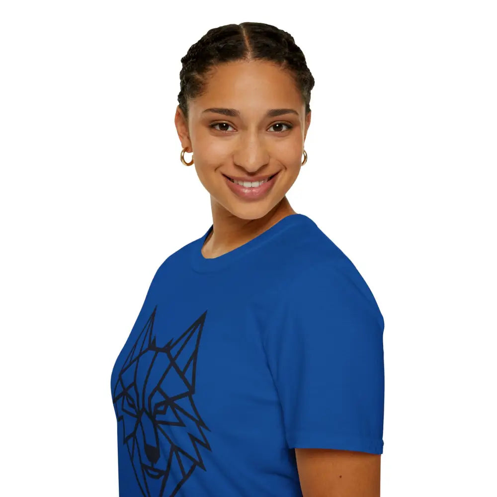 Young woman wearing a royal blue geometric wolf softstyle tee wolf t shirt