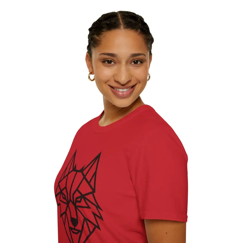Woman in red geometric wolf t shirt, unisex softstyle tee wolf, nature apparel