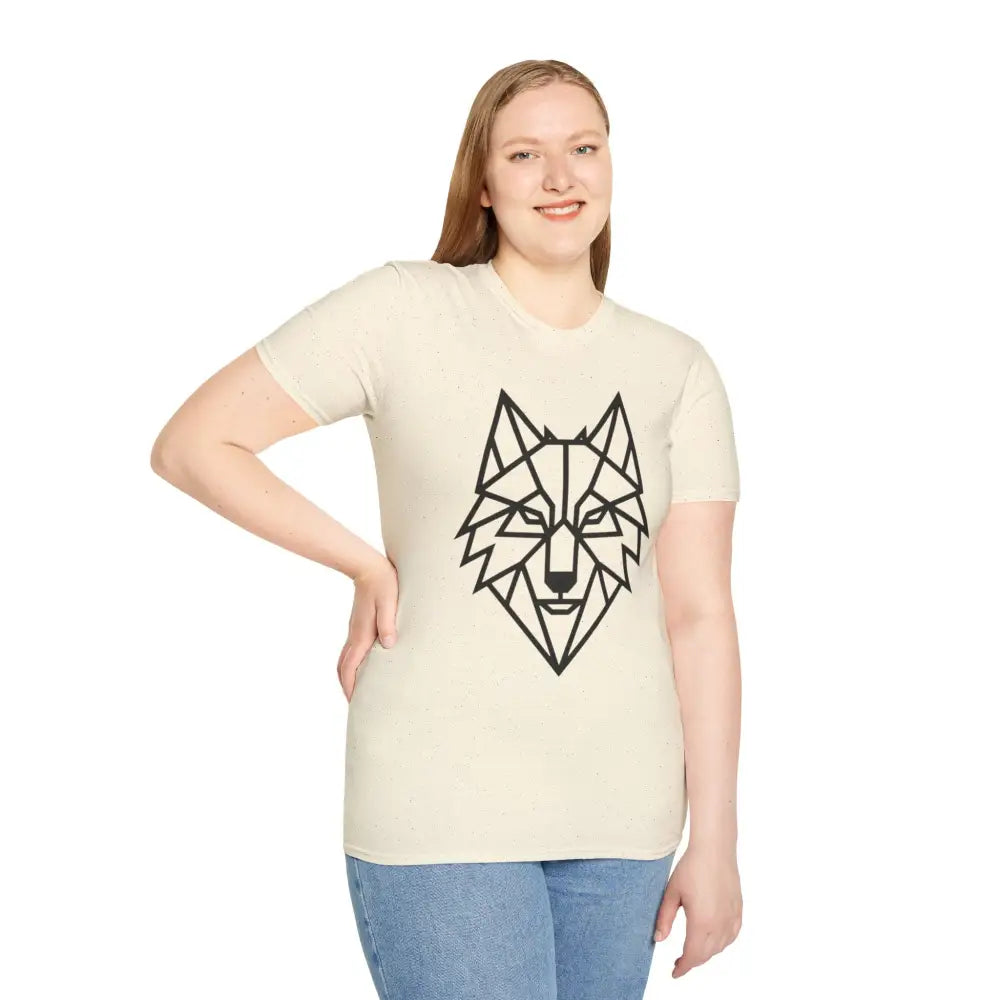 Woman wearing a cream-colored geometric wolf t shirt with a bold wolf face design