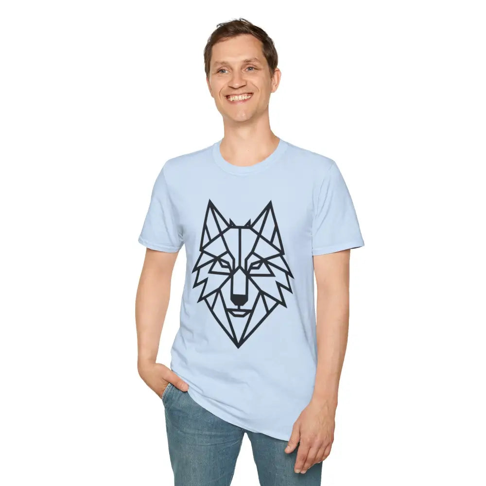 Light blue softstyle tee wolf with black geometric wolf design, unisex wolf t shirt