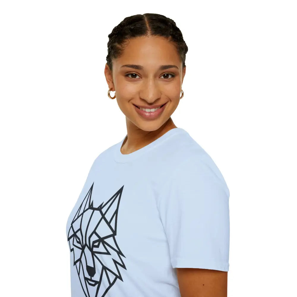 Young woman wearing a light blue geometric wolf softstyle tee wolf shirt for animal lovers