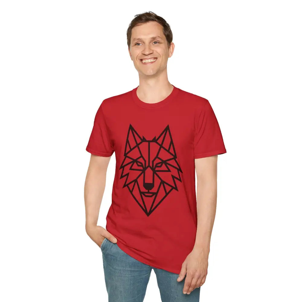 Man wearing red geometric wolf design softstyle tee wolf and blue jeans product image