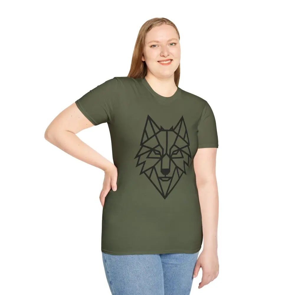 Olive green geometric wolf design on unisex softstyle tee wolf, perfect for wolf lovers