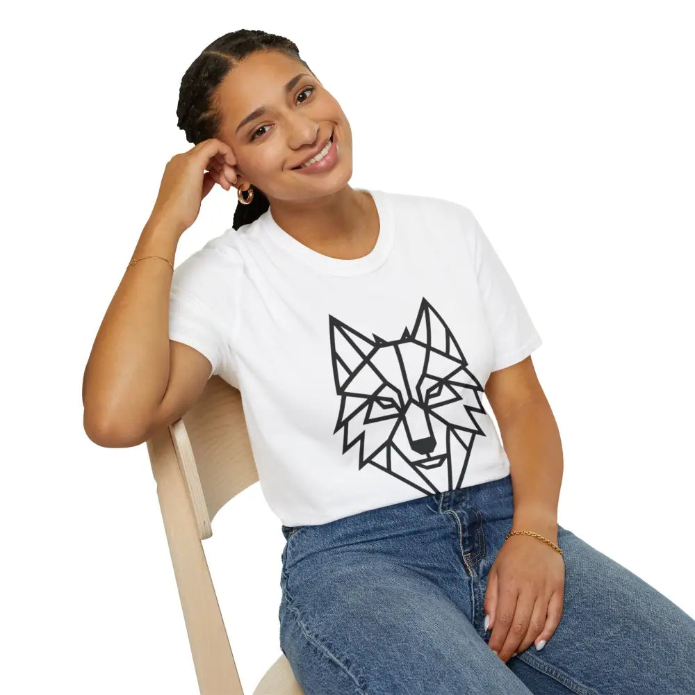 Woman wearing a white geometric wolf t shirt with blue jeans, unisex softstyle tee wolf design