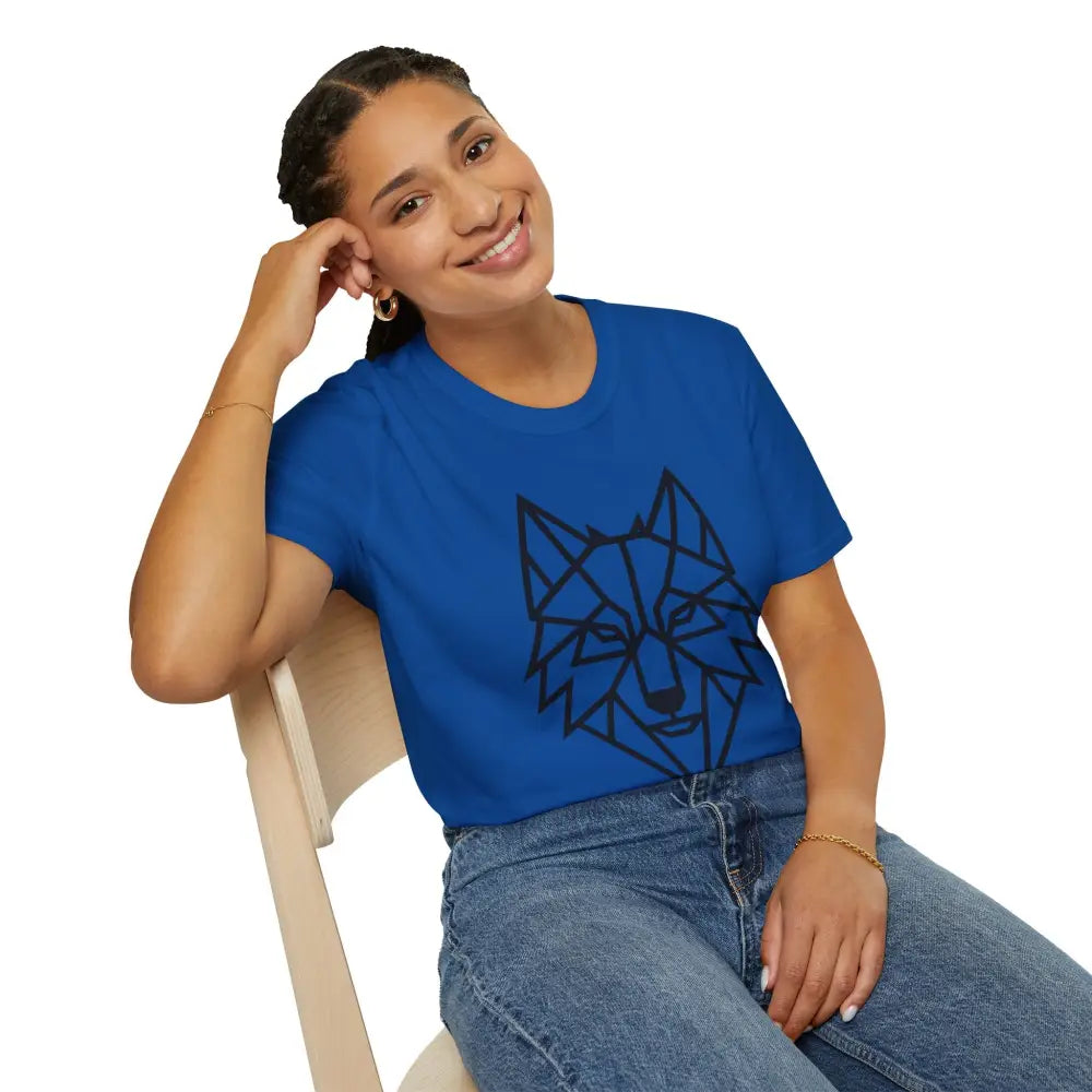 Woman wearing a blue geometric wolf t shirt with black design and blue jeans