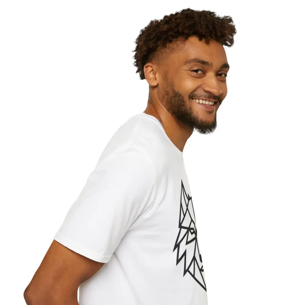 Smiling man with beard and curly hair wearing a white geometric wolf softstyle tee