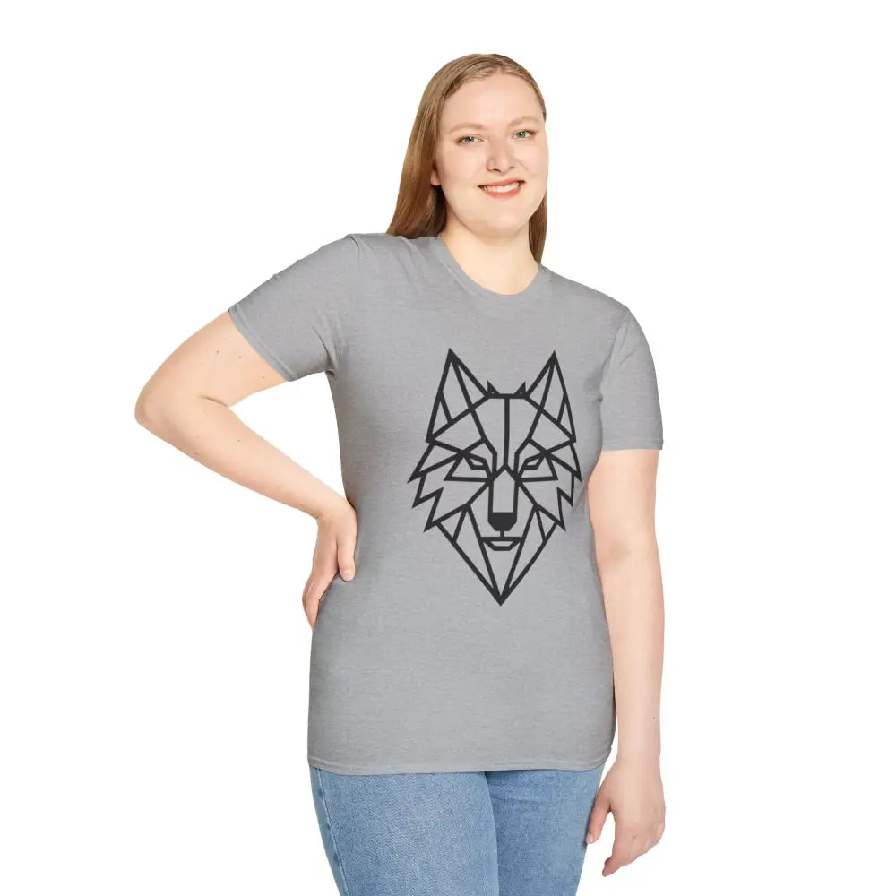 Woman in a light gray geometric wolf t shirt with blue jeans, unisex softstyle tee wolf