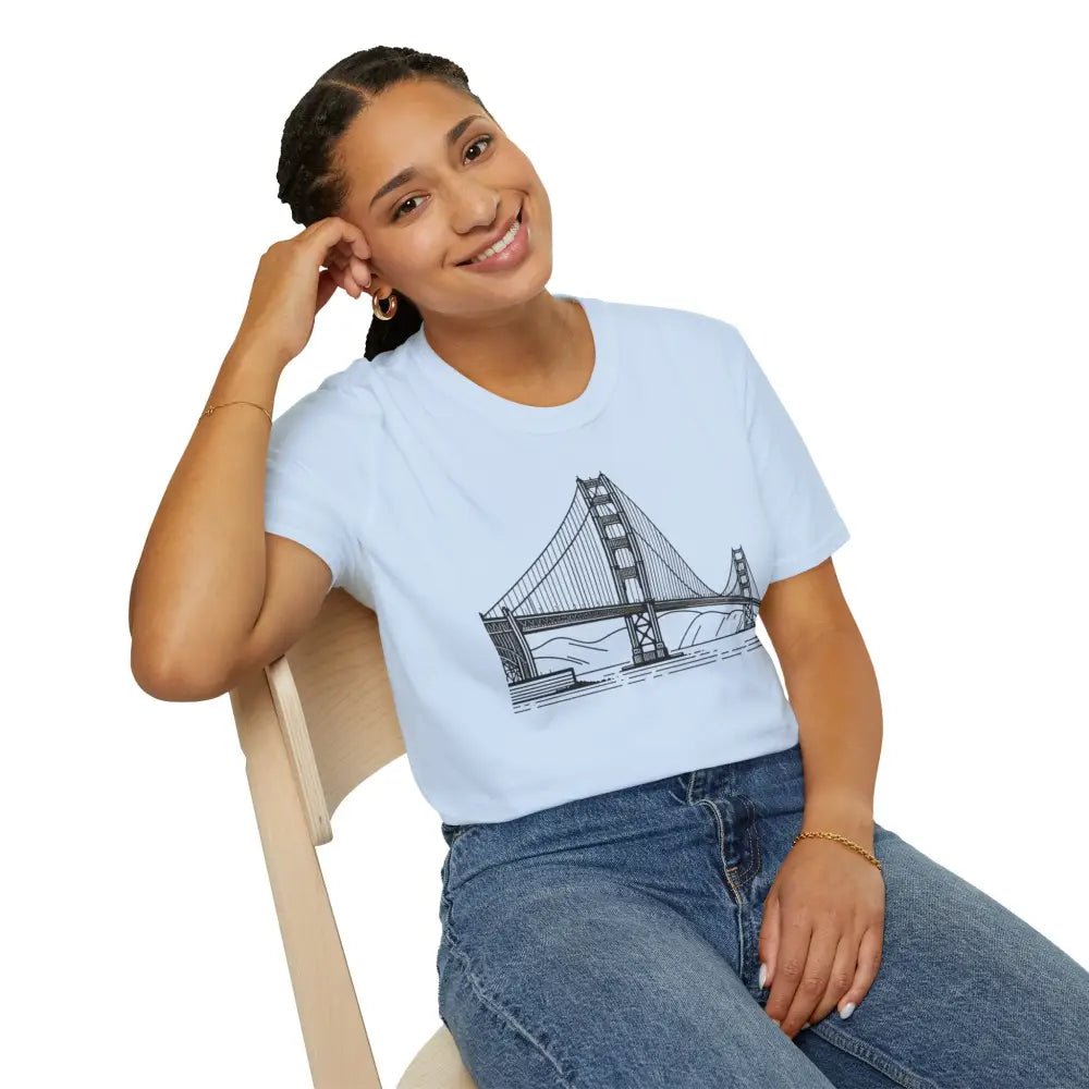 Unisex softstyle t-shirt with Golden Gate Bridge graphic, seamless design reduces fabric waste