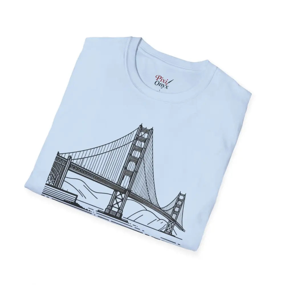 Light blue unisex softstyle T-shirt with seamless design reduces fabric waste and Golden Gate Bridge drawing