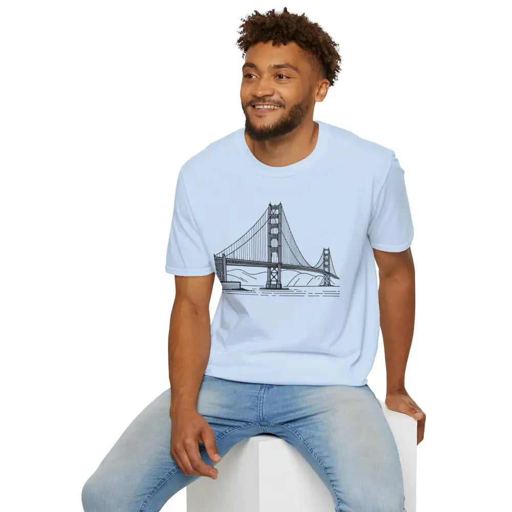 Light blue unisex softstyle t-shirt with Golden Gate Bridge line art, seamless design reduces fabric waste