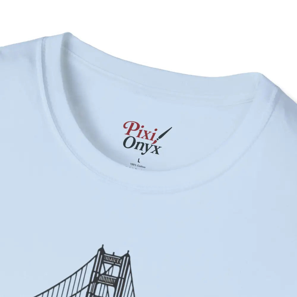 White unisex softstyle t-shirt with seamless black line art graphic of the Golden Gate Bridge