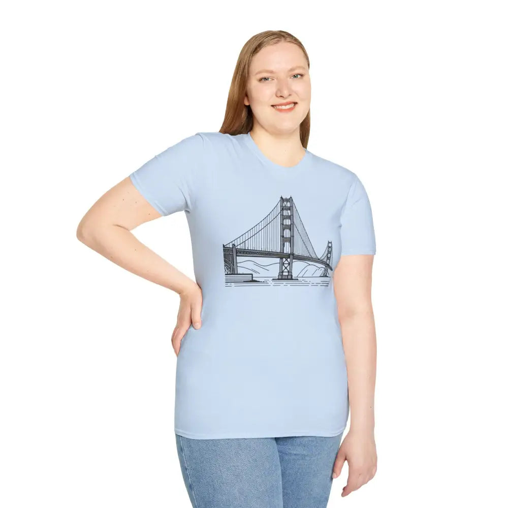 Light blue unisex softstyle T-shirt with Golden Gate Bridge line art, seamless design reduces waste