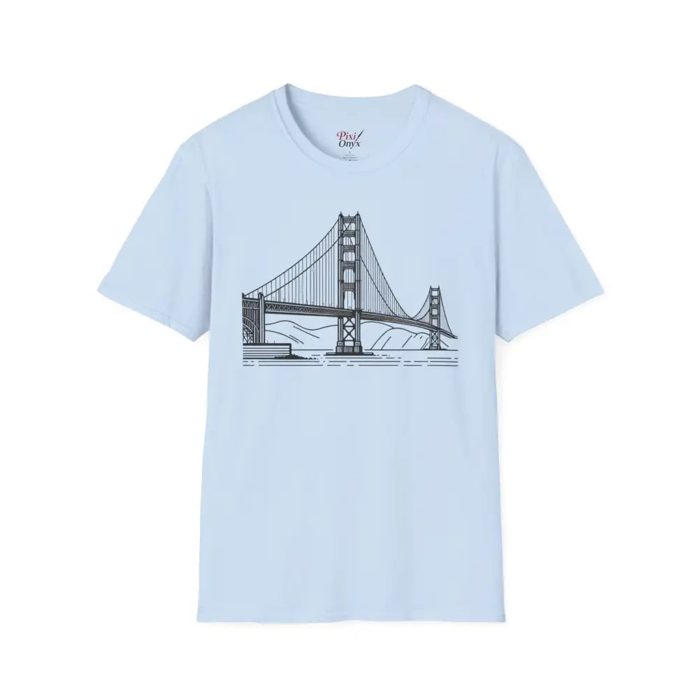 Light blue unisex softstyle t-shirt with Golden Gate Bridge outline, seamless design reduces fabric waste
