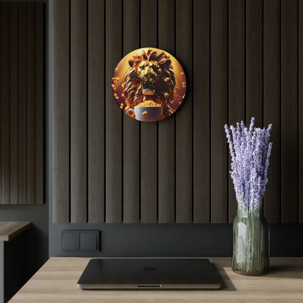 Golden Roar Wall Clock featuring lion eating popcorn acrylic wall art by PixiOnyx